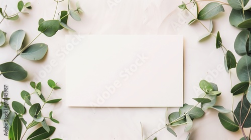 A lat lay card mockup adorned with eucalyptus branche and flowers.