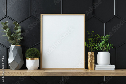 Empty white poster frame mockup on wooden shelf, trapezoid pattern. Modern bedroom interior design with black walls and home decorations. Generative AI