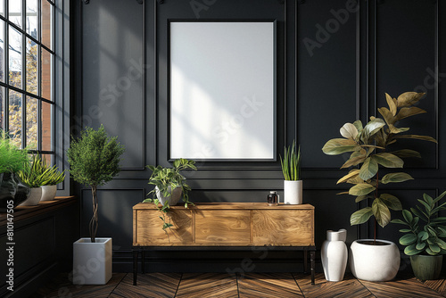 Empty white poster frame mockup on wooden shelf, trapezoid pattern. Modern bedroom interior design with black walls and home decorations. Generative AI