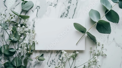 A lat lay card mockup adorned with eucalyptus branche and flowers.