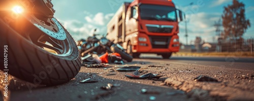 Closeup of a motorcycle accident on the road with broken parts and an emergency truck in the background
