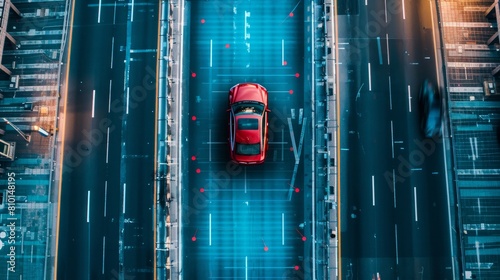 Following Aerial Top Down Drone View: Autonomous Self Driving Car Moving Through City Highway. AI Visualization Concept: High Tech Sensor Scanning Road Ahead for Vehicles and Speed Limits.