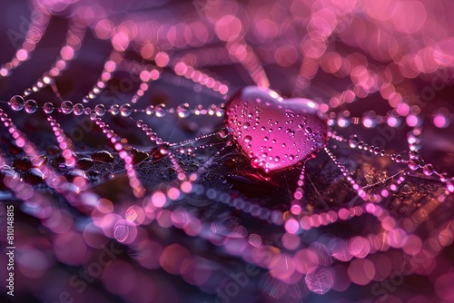 Sparkling heart in dewy web during twilight - A mesmerizing photo of a heart enclosed in a spider web, twinkling with water drops under twilight hues