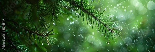 Raindrops falling on pine tree leaves blurred bokeh background. Monsoon concept