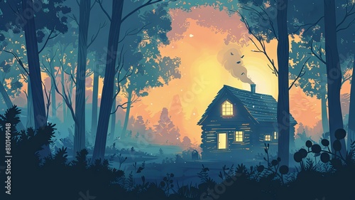 Misty Forest Cabin at Sunrise - A serene illustration of a cabin surrounded by forest with a misty sunrise background, invoking a sense of peace and isolation