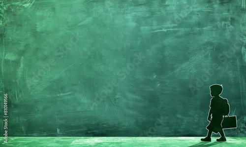  An angled view of a chalk drawing silhouette of a boy walking on a green blackboard background.