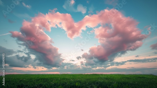 Soft Pink Stratus Clouds Forming the Shape of a Giant Heart Above a Lush Green Meadow