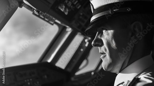 Focused pilot in uniform, wearing a cap, viewed from the side as he navigates the complex controls of an aircraft cockpit.