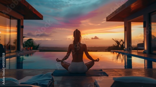Portrait of attractive young sensual woman doing yoga on a luxury villa with a view on mesmerizing landscape