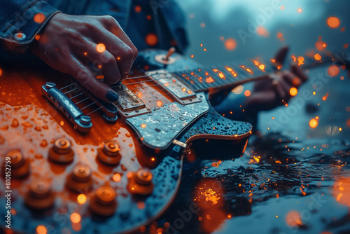 Electrifying Rhythms: Man Playing Electric Guitar on a Gorgeous Background. Generative AI