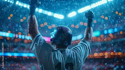 Baseball player celebrating victory at night - An intense moment captured as a baseball player cheers in triumph under the bright lights of the stadium