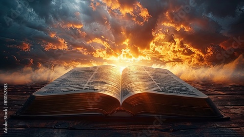 Biblical Book under Dramatic Sky - An open book lies beneath a dramatic sky, hinting at revelation or enlightenment with powerful religious connotations
