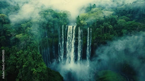 A waterfall is surrounded by trees and is covered in mist