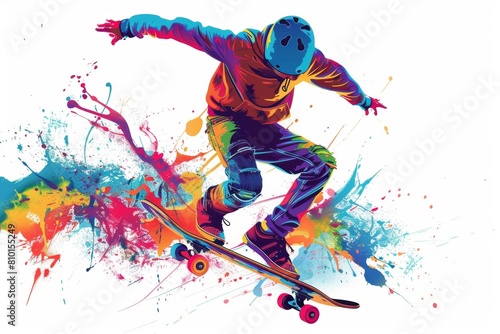 Colorful skateboarder illustration with a splash of color on a white background Generative AI