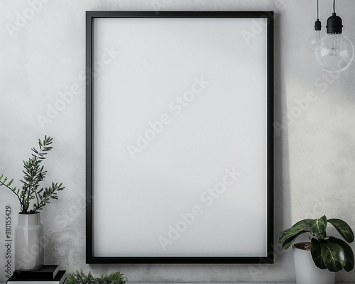 Empty white poster frame mockup on wooden shelf, trapezoid pattern. Modern bedroom interior design with white walls and home decorations. Generative AI
