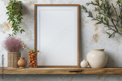 Empty white poster frame mockup on wooden shelf, trapezoid pattern. Modern bedroom interior design with white walls and home decorations. Generative AI