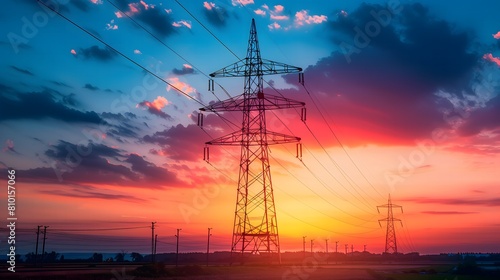 Majestic Sunset Sky Behind a Silhouetted Electricity Pylon. AI.