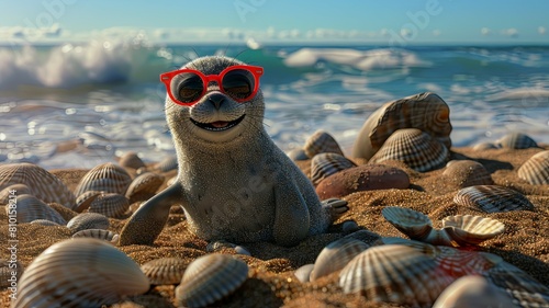 Cheerful seal on the sandy beach with waves - This bright image showcases an exuberant seal with rad red sunglasses chilling on a beach with waves crashing