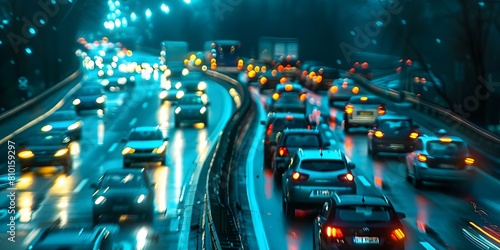 Evening traffic jam in Germany cars and trucks creating rescue lane. Concept Traffic, Germany, Evening, Rescue Lane, Cars and Trucks
