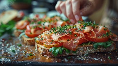 Gourmet open-faced sandwich with smoked salmon and herbs