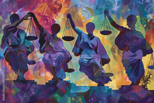 Abstract illustration with figures holding scales of justice, signifying legal equality, Juneteenth independence and justice concept. Juneteenth freedom day, African-American Independence Day, June 19