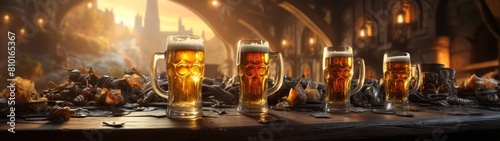 Glasses of golden beer on a dark, moody background