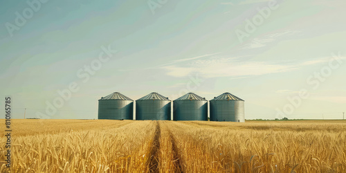 Silos in a wheat field. Metal containers for storing harvested wheat or flour. Storage of agricultural production.