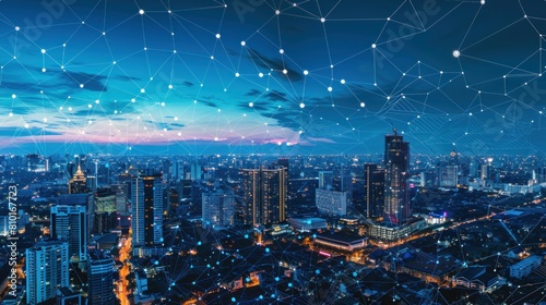 Banner smart city dot point connect with gradient line, connection technology metaverse concept AI generated
