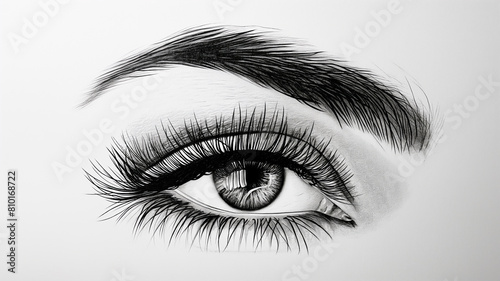 Detailed black and white drawing of a realistic eye with long lashes and a finely arched eyebrow, capturing intricate textures.