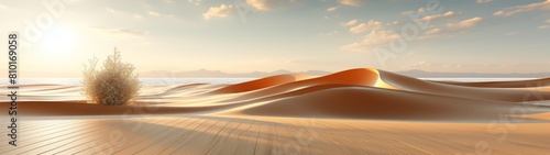 Serene desert landscape with sand dunes and wooden boardwalk