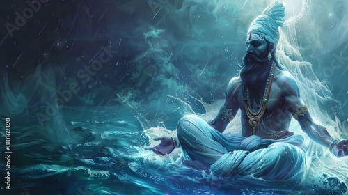 Mystical digital artwork of a sage meditating in water. Blue tones and dynamic water effects. Mythology and meditation concept