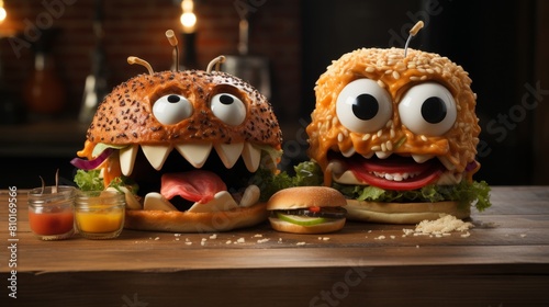 Funny monster burgers with googly eyes and teeth