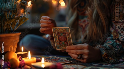 Hands and tarot cards illuminated by the soft glow of candlelight, focusing on themes of mysticism and fortune telling