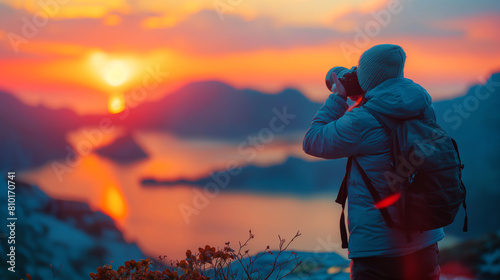 Photographer sits on a cliff with a beautiful mountain landscape in the background. Travel concept adventure active vacations outdoor