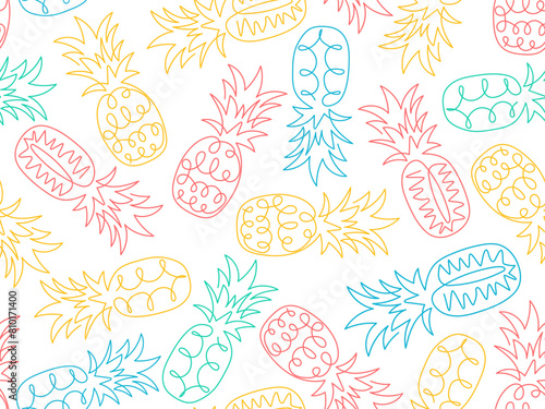 Abstract colored pineapple seamless pattern. Tropical exotic fruit. Summer background. Doodle funny outline drawn ananas 