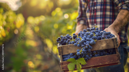 Farmer Holding Crate of Freshly Harvested Grapes in Vineyard - Seasonal Agriculture