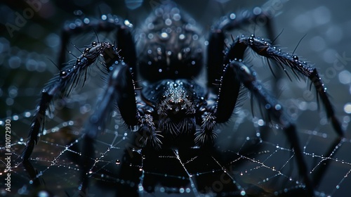 Mystical spider on dewy web