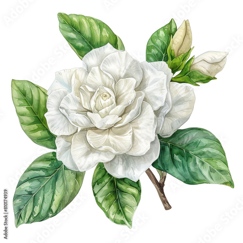 White gardenia flower with green leaves is the main focus of the image