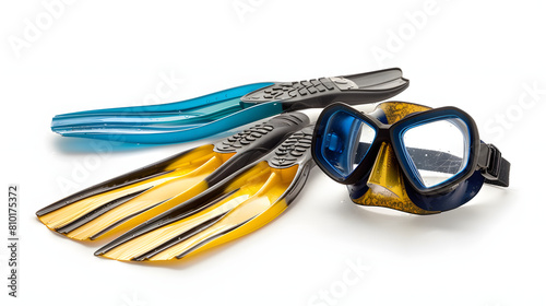 Snorkel gear and swim fins isolated on white background, cinematic, png 