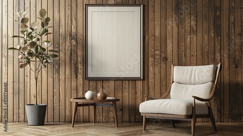 Modern armchair and table near paneling wall with empty poster frame with copy space. Home interior design.