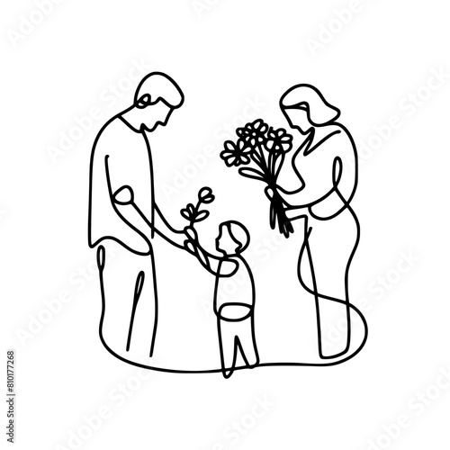 Loving husband presenting flowers to his wife with a baby in her arms on Mother's Day, wedding anniversary, or birthday. Vector illustration of family love and celebration of special moments.