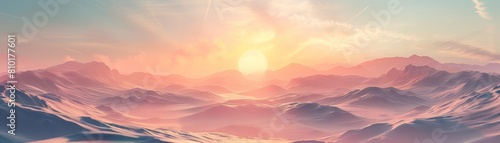 The image shows a beautiful landscape with mountains and a sunset. The colors are pink, blue, and purple.