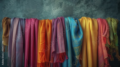 Brightly colored scarves arranged in an organizer, captured in a high-res, cinematic portrait against a muted gray setting, emphasizing color and order
