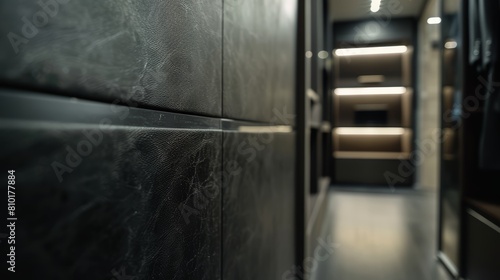 Cinematic and high-resolution detail shot of sleek finishes in a modern closet, highlighting the luxurious materials and precise craftsmanship