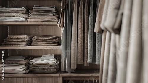 Cinematic and high-resolution detail shot of sleek finishes in a modern closet, highlighting the luxurious materials and precise craftsmanship