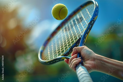 Hand firmly holding tennis racket, positioned to strike a blurred tennis ball. Detailed shot