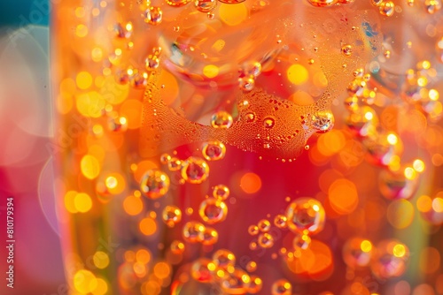Detailed close-up of soda bubbles effervescing in a glass, refracting vibrant colors of light