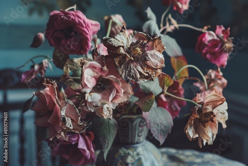 Decaying flowers in a vase, illustrating the transient splendor of beauty and the inevitable passage of time