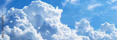 Wide panoramic view of a vibrant blue sky filled with fluffy cumulus clouds, suggesting a serene and peaceful day with perfect weather for outdoor activities