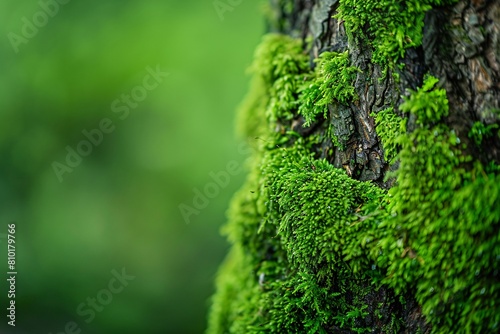 Close-up view of damp moss texture enveloping a tree trunk, accentuating its natural beauty